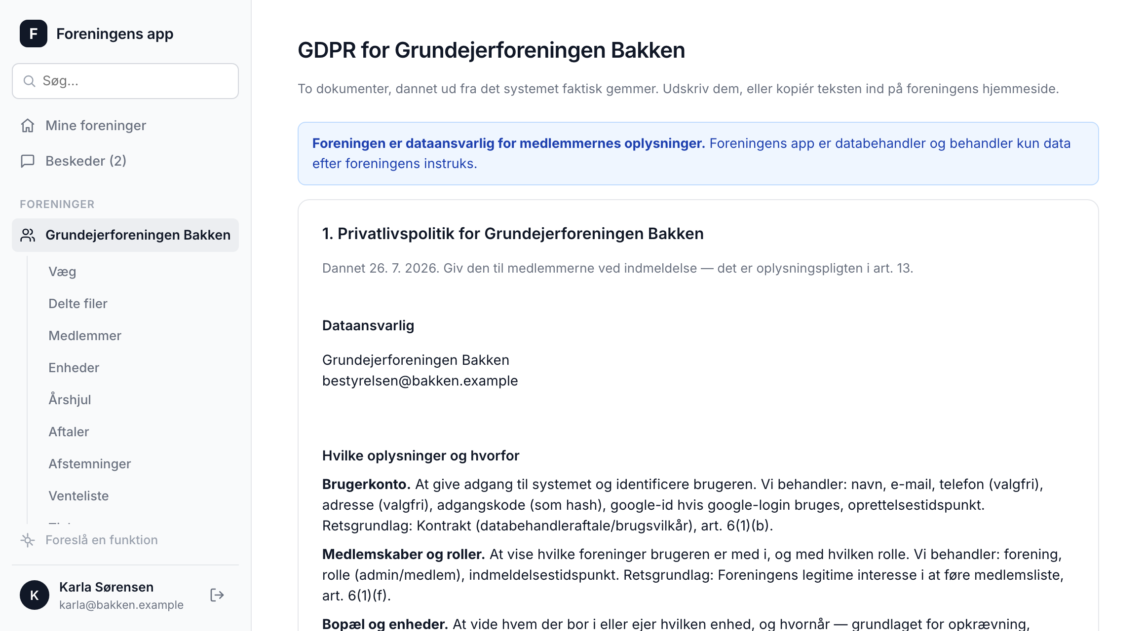 Den genererede privatlivspolitik med retsgrundlag pr. oplysning