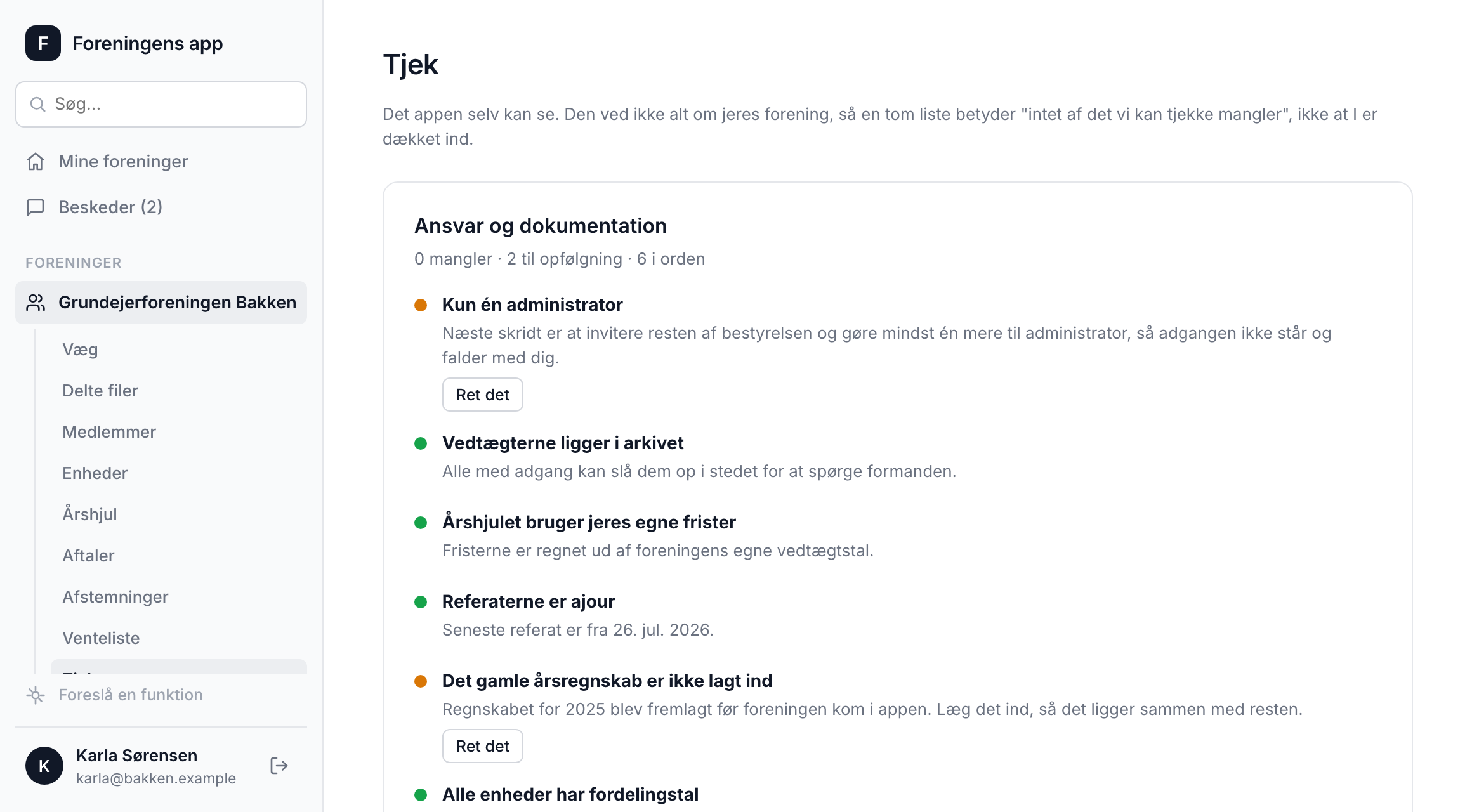 Tjek-siden med grønne og gule punkter for foreningen